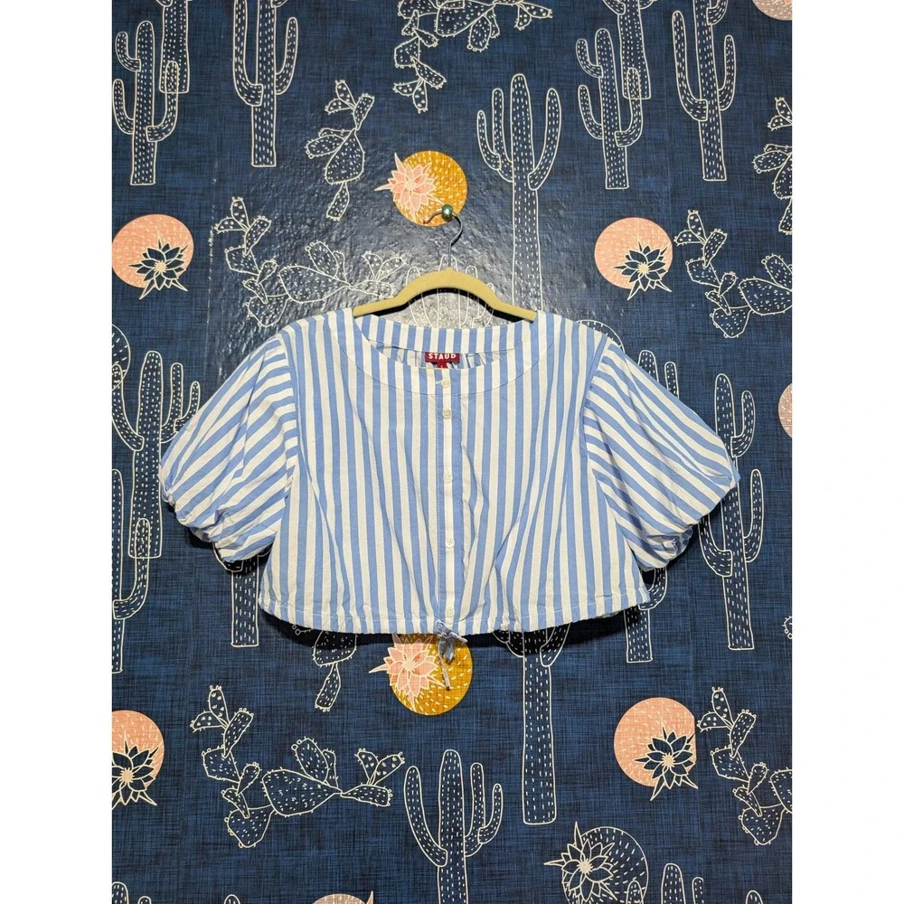 Staud Ellington Cotton Striped Puff Sleeve Cropped Top Blue Women's Size S
